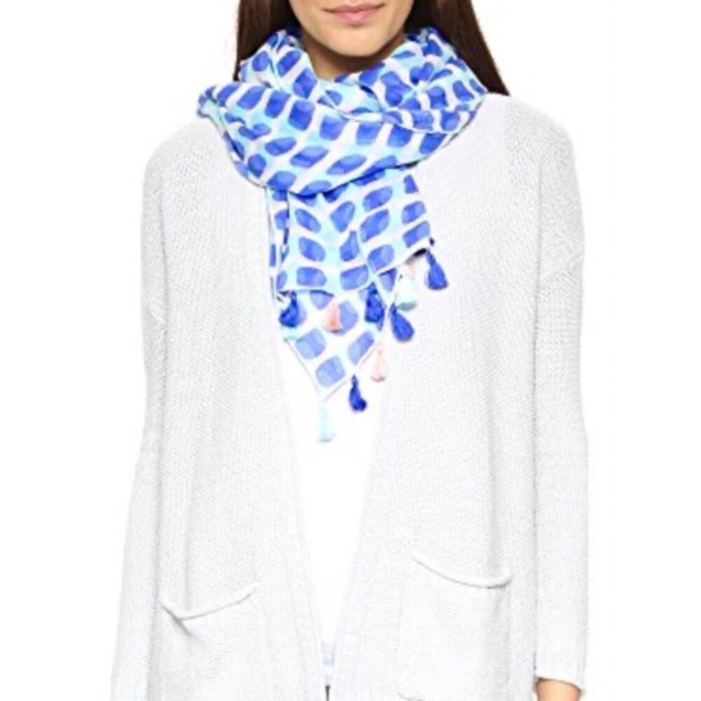 NWT - KATE SPADE Island Stamp Scarf, Blue/White/Pink/Turquoise, Tassels